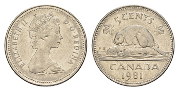 Канада 5 центов 1981 Елизавета II (1952-2022), бобр KM 60.2 никель 4639-514
