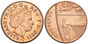 Великобритания 1 пенни 2011 Елизавета II (1952-2022) KM 1107, Spink B6 сталь плакированная медью 4609-732