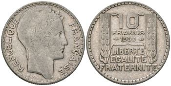 Франция 10 франков 1930 Пьер Тюрен KM 878, Le Franc 360.3 серебро 4390-146