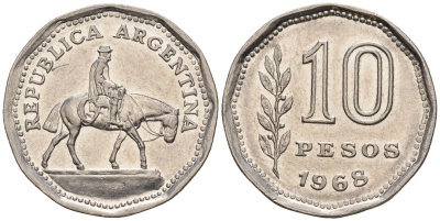 Аргентина 10 песо 1968 Гаучо KM 60, Schon 60, CJ 287 никелированная сталь    60-946