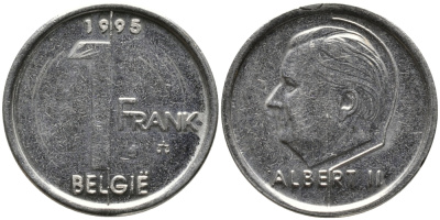 БЕЛЬГИЯ 1 ФРАНК 1995 BELGIE KM 188 сталь плакированная никелем 99-1248