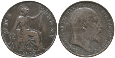 Великобритания 1 пенни 1903 Эдуард VII (1901-1910) KM 794.2, Spink 3990 бронза 32-436