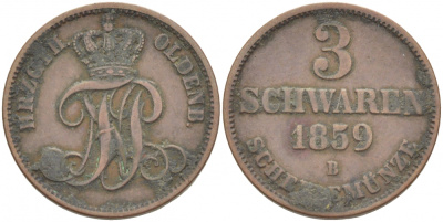 Ольденбург 3 шварена 1859 B KM 191 медь 77-137