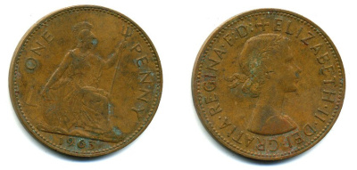 Великобритания 1 пенни 1963 Елизавета II (1952-2022) KM 897, Spink 4157 бронза 57-541