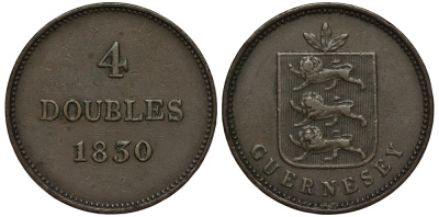 Гернси 4 дабла (дубля) 1830 KM 2 медь 650-432