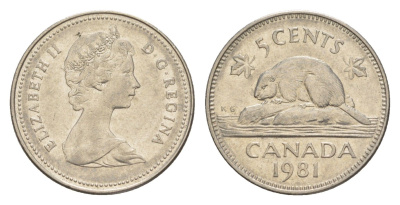 Канада 5 центов 1981 Елизавета II (1952-2022), бобр KM 60.2 никель 4639-514