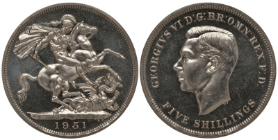 Великобритания 5 шиллингов = 1 крона 1951 Георг VI (1936-1952), фестиваль Британии, Георгий Победоносец KM 880, Spink 4111 медно-никель Prooflike 11-232-11