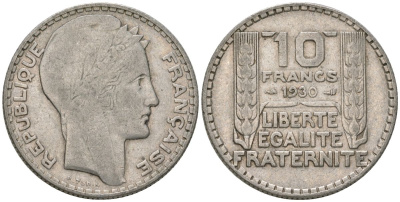 Франция 10 франков 1930 Пьер Тюрен KM 878, Le Franc 360.3 серебро 4390-146
