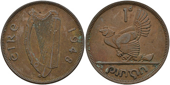 Ирландия 1 пенни 1948 курица с цыплятами KM 11 бронза 4144-1143