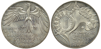 ФРГ 10 МАРОК 1972 J, ОЛИМПИАДА, СТАДИОН KM 133, J.404 серебро UNC 413-4844