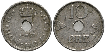 Норвегия 10 эре 1937 Хокон VII KM 383 медно-никель 206-215
