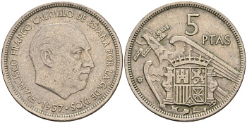 Испания 5 песет 1957 (70) Франсиско Франко (1939 - 1975) KM 786 медно-никель 4155-547