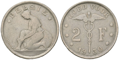Бельгия 2 франка 1930 Альберт I (1909-1934), BELGIE KM 92 никель 63-833