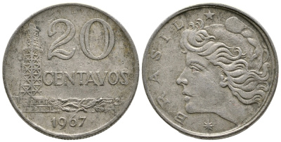 Бразилия 20 сентаво 1967 голова Свободы влево KM 579.1, Schon 84 медно-никель 93-1125