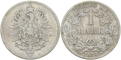 Германия 1 марка 1874 B Weege 17, J. 9, KM 7 серебро 98-1232