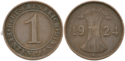 Германия 1 рентенпфенниг 1924 A KM 30, J. 306 бронза 4608-316