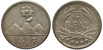 Гватемала 1/4 реала 1897 5 звезд, Испанское правление KM 162 серебро 112-633