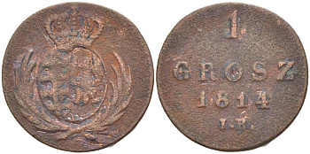 ПОЛЬША, ВЕЛИКОЕ ГЕРЦЕГСТВО ВАРШАВСКОЕ 1 ГРОШ 1814 IB,ФРИДРИХ АВГУСТ I, КОРОЛЬ САКСОНИИ И ВЕЛИКИЙ ГЕРЦОГ ПОЛЬШИ (1807-1814), ВЕС 3,03 ГР. KM 81, медь 1517-825