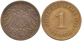ГЕРМАНИЯ 1 ПФЕННИГ 1911 E KM 10, J. 10, Weege 2 медь 211-443