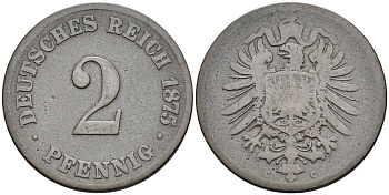 ГЕРМАНИЯ 2 ПФЕННИГА 1875 C, СТАРОГЕРБОВКА KM 2, Jager 2, Weege 3 медь 4546-547