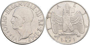 ИТАЛИЯ 1 ЛИРА 1942 R, ГОД XX, ВИКТОР ЭММАНУИЛ III (1900-1946) KM 77b, VEM3. 1102 нержавеющая сталь 3855-445