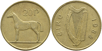 ИРЛАНДИЯ 20 ПЕНСОВ 1988 ЛОШАДЬ KM 25 никель бронза 4394-1145