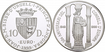 Андорра 10 динеров 1999 50 лет совету Европы, статуя демократии KM 153 серебро PROOF 1068-5-34
