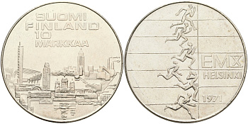 Финляндия 10 марок 1971 S-H, X Чемпионат Европы по легкой атлетике, в оригинальной упаковке, сертификат KM 52 серебро UNC 1518-234