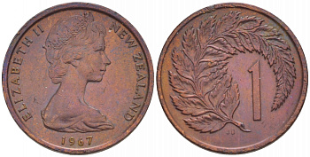 Новая Зеландия 1 цент 1967 Елизавета II (1952-2022), лист папоротника KM 31.1 бронза 4528-847