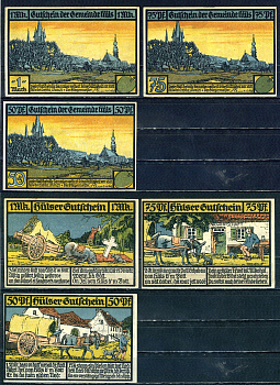 Хюльз (Пруссия, Рейн) полный набор из 3 нотгельдов (50 и 75 пфеннигов; 1 марка) 1921 DeNG 1/2 635.1 бумага UNC (пресс) 7555-51-2-2