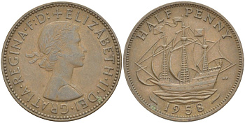 Великобритания 1/2 пенни 1958 Елизавета II (1952-2022) KM 896, Spink 4158 бронза 4544-111