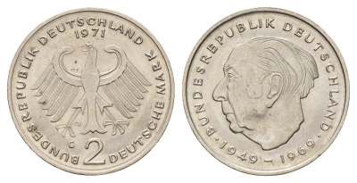 ФРГ 2 марки 1971 G, Теодор Хойс KM A127, J. 407 медно-никель UNC 3459-957