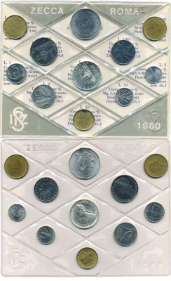 Италия набор из 11 монет, включая 500 и 1000 лир 1980 в запайке, с сертификатом, в конверте KM MS5 (KM 91-94, 95.1, 96.1, 97.2, 98, 105, 107) UNC 00-00