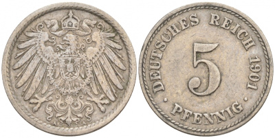 ГЕРМАНИЯ 5 ПФЕННИГОВ 1901 A, KM 11, J. 12 медно-никель 73-119