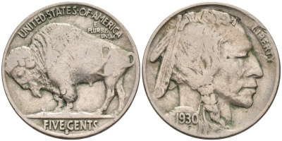 США 5 центов 1930 S, индеец, бизон KM 134 медно-никель 4591-1032