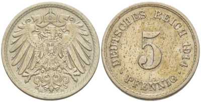 ГЕРМАНИЯ 5 ПФЕННИГОВ 1914 A KM 11, J. 12, Weege 6 медно-никель 206-1019