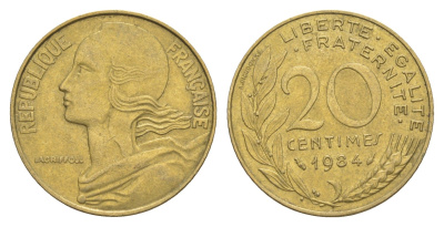 Франция 20 сантимов 1984 KM 930 алюминиевая бронза 4539-636