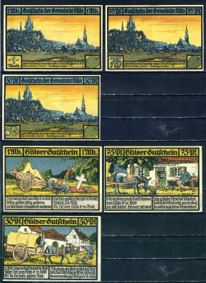 Хюльз (Пруссия, Рейн) полный набор из 3 нотгельдов (50 и 75 пфеннигов; 1 марка) 1921 DeNG 1/2 635.1 бумага UNC (пресс) 7555-51-2-2