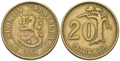 Финляндия 20 марок 1954 H KM 39 алюминиевая бронза 4586-712