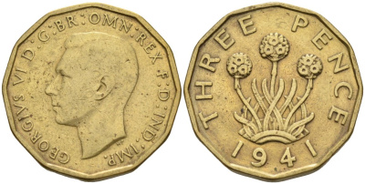 Великобритания 3 пенса 1941 Георг VI (1936-1952) KM 849, Spink 4112 никель латунь 4513-1031