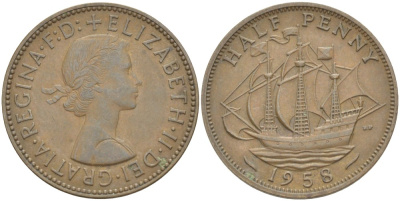 Великобритания 1/2 пенни 1958 Елизавета II (1952-2022) KM 896, Spink 4158 бронза 4544-111