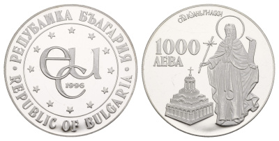 Болгария 1000 левов 1996 Иоанн Рыльский KM 222 серебро PROOF 413-4941