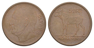 Норвегия 5 эре 1966 Улаф V (1957-1991) KM 405 бронза 4657-221