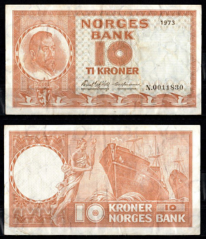 Норвегия 10 крон 1973 Pick 31 f бумага 7457-22-3-1