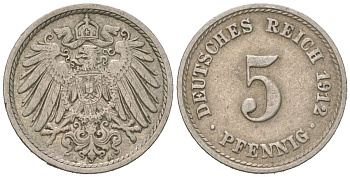 Германия 5 пфеннигов 1912 A, Вильгельм II (1888-1918) KM 11, J. 12 медно-никель 4615-737