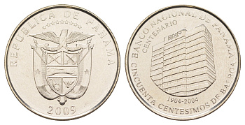 Панама 1/2 бальбоа (50 сентесимо) 2009 100 лет Национальному банку Панамы KM 139 медь плакированная медно-никелем UNC 4645-145