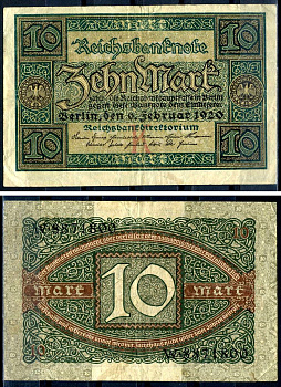 Германия 10 марок 1920 буква K, серия W, номер семизначный Pick 67a, Rosenberg 63а бумага 8617-30-2-2