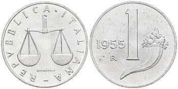Италия 1 лира 1955 R, весы KM 91 алюминий  UNC  4594-633