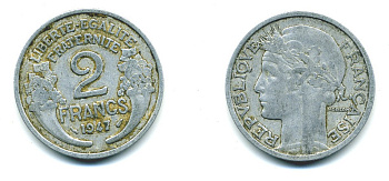 Франция 2 франка 1947 KM 886а.1 алюминий 54-1231