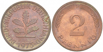 ФРГ 2 пфеннига 1973 D KM 106а, J.381а сталь плакированная медью 3996-1111
